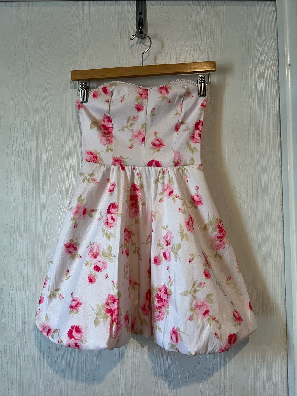 Altar’d State Strapless Flower Pink White Satin Mini Bubble Dress - Size Small